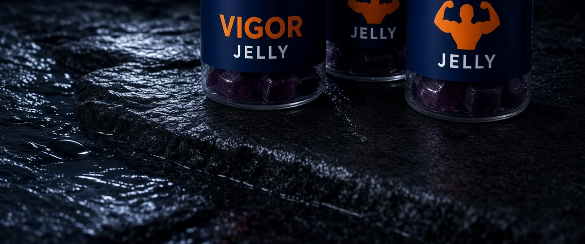 Three jars of Vigor Jelly&reg; on wet slate under moonlight